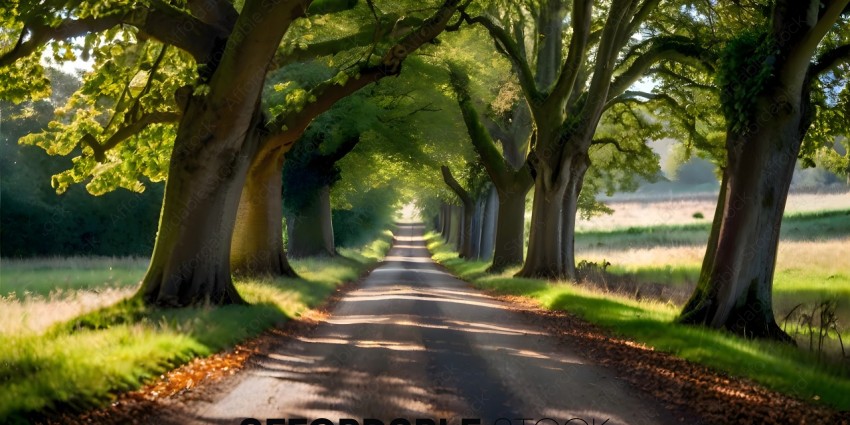 A tree lined road with a sunlit path
