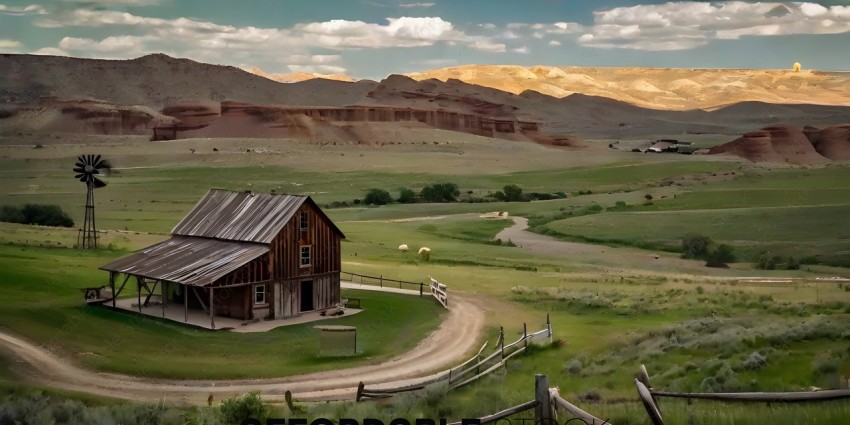 A barn in a rural setting with mountains in the background