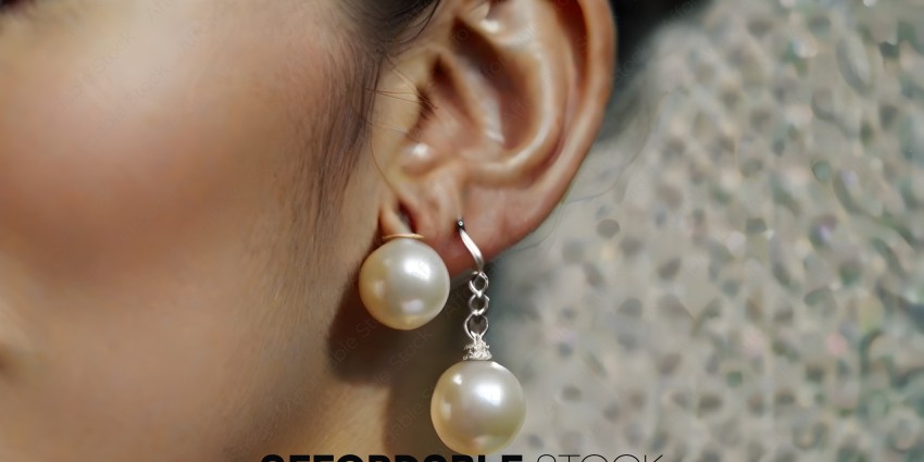 A woman wearing pearl earrings
