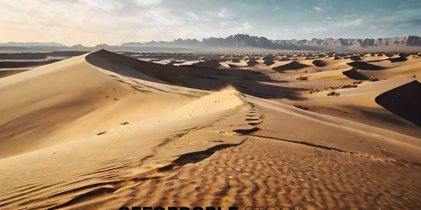 A desert landscape with sand dunes and mountains in the background