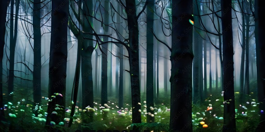 A forest with a misty atmosphere and flowers