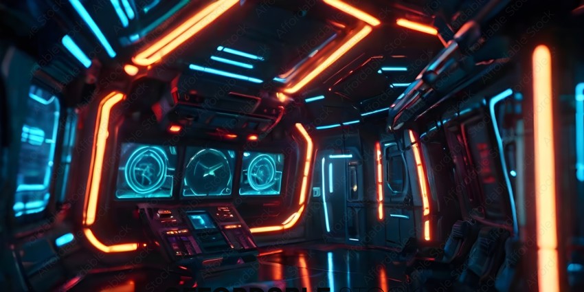 A futuristic control room with neon lights