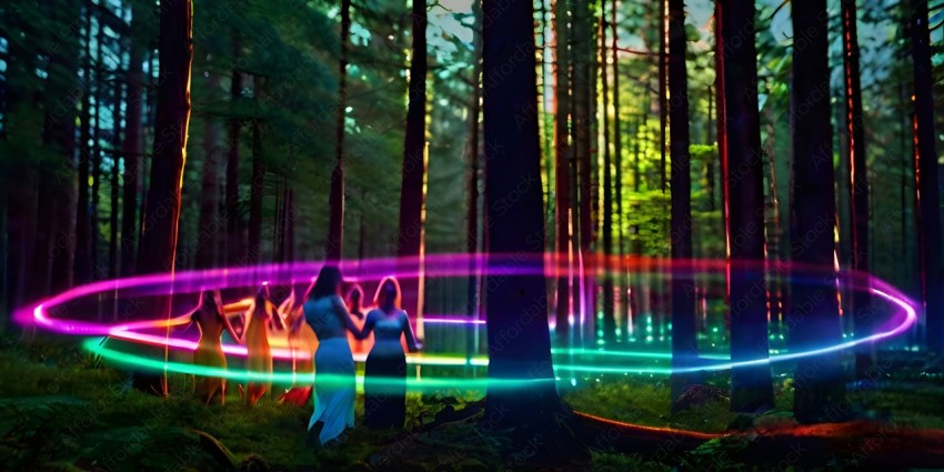 Three women standing in a forest with a rainbow colored light