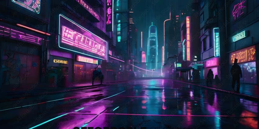 A futuristic cityscape with neon lights and a rainbow of colors