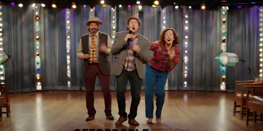 Three people singing on a stage