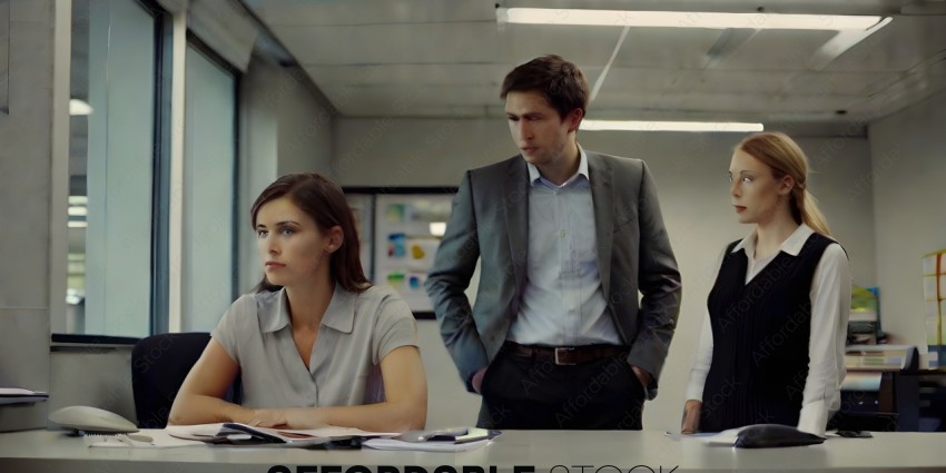 A man and a woman are standing in an office