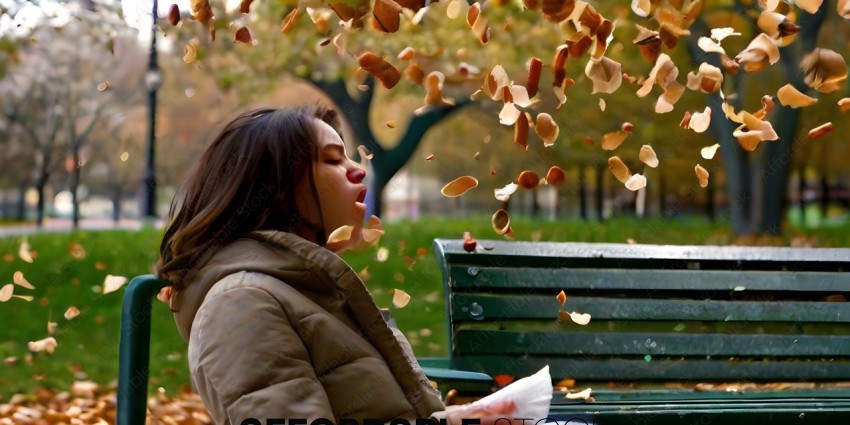 A woman sitting on a bench in a park with leaves falling on her