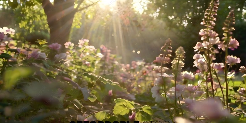 A beautiful garden with flowers and sunlight