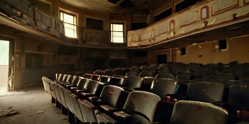 An abandoned theater with a few seats left