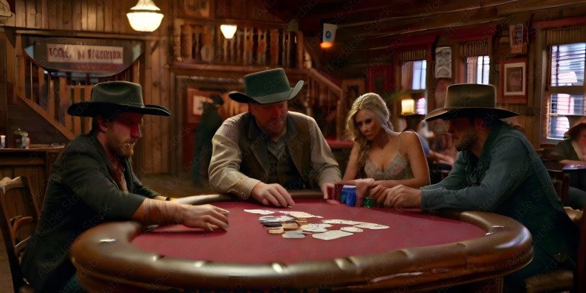 Three men and a woman playing poker at a casino