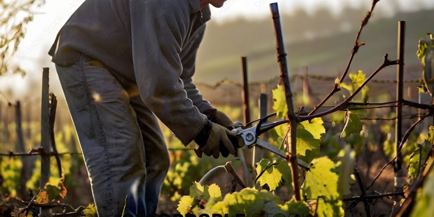 Man pruning vineyard with pruning shears