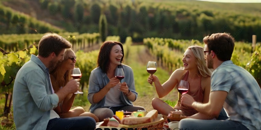 Four women enjoying wine and food in a vineyard