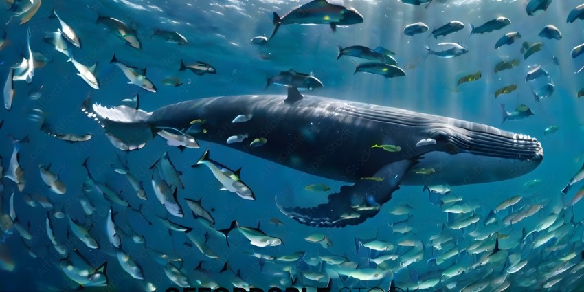 A school of fish swimming under a whale