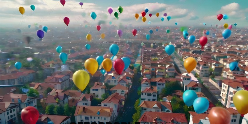 A city skyline with many colorful balloons
