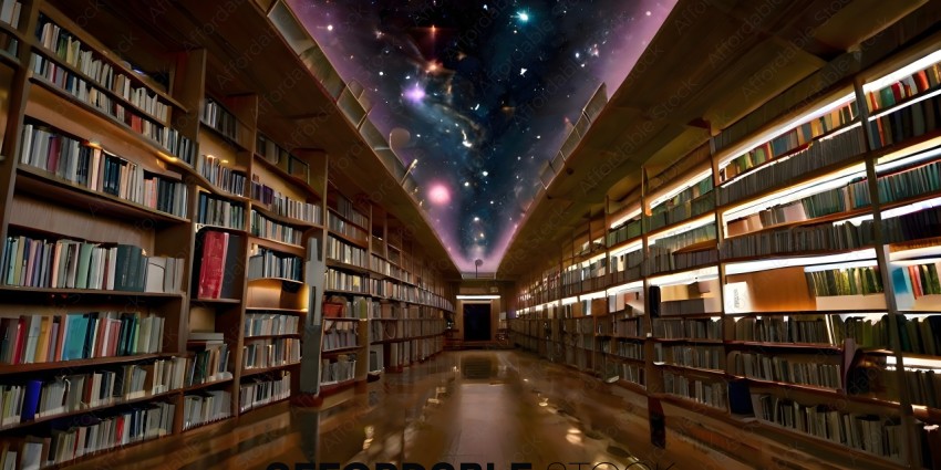 A library with a starry ceiling and a long hallway