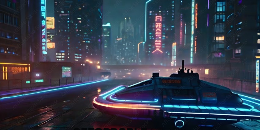 A futuristic vehicle with neon lights on the side