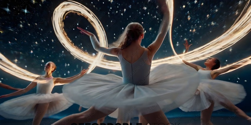 A ballerina in a white tutu and leggings is dancing in front of a starry sky