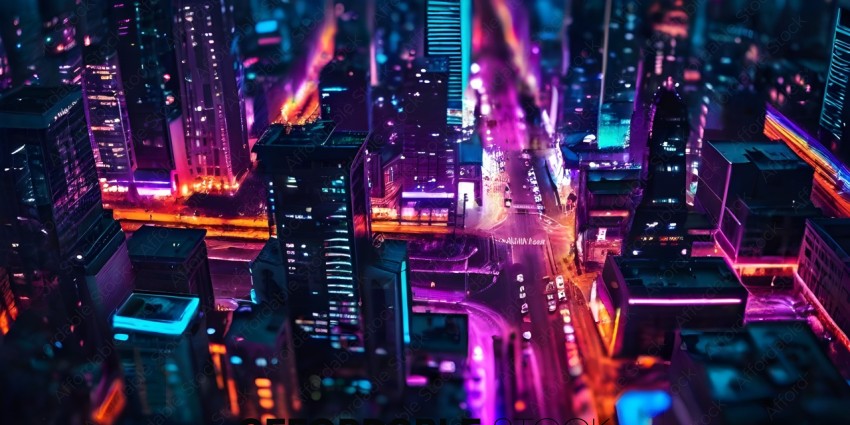 A futuristic cityscape with neon lights and traffic