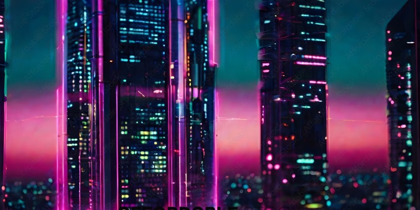 A cityscape at night with a pink skyline