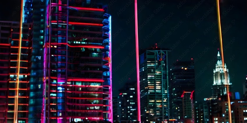 Tall buildings with neon lights at night