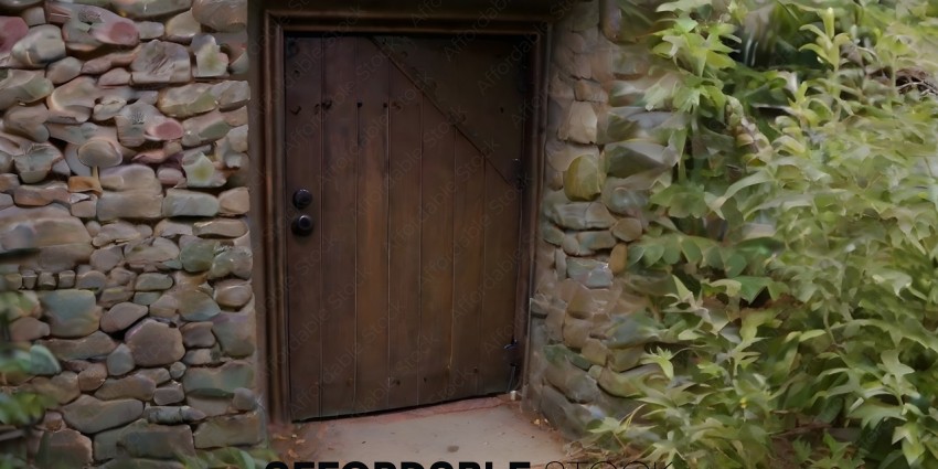 A doorway to a stone building with a wooden door