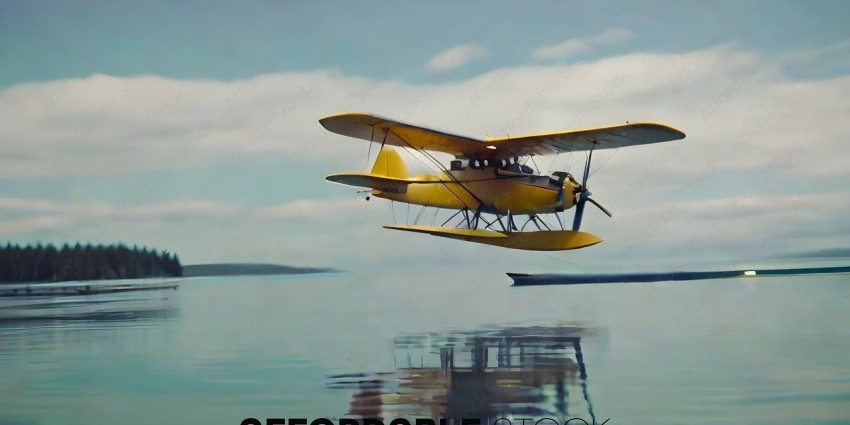 A yellow biplane flying over a body of water