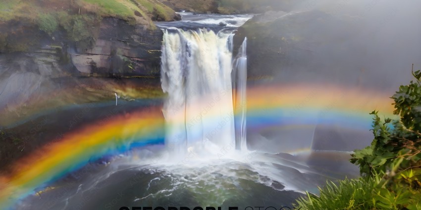 A waterfall with a rainbow in the background