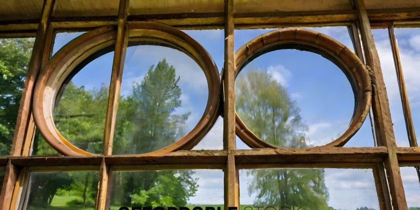 A view of trees through two arched windows