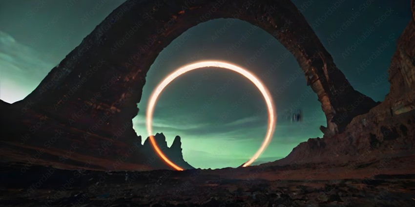 A large rock formation with a ring of light around it