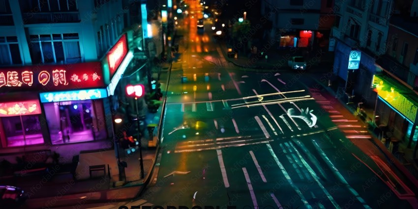 A city street at night with a crosswalk and a car