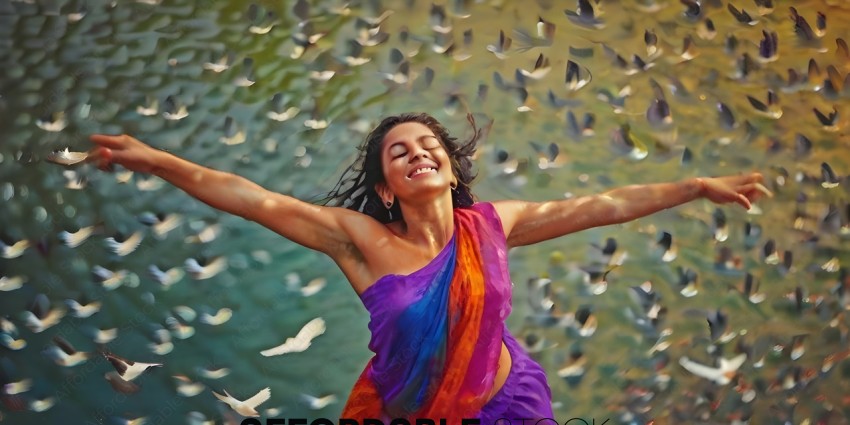 A woman in a colorful dress smiles as she stands in front of a flock of birds