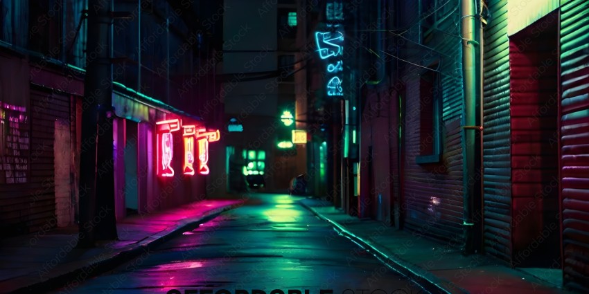 A neon lit alleyway at night