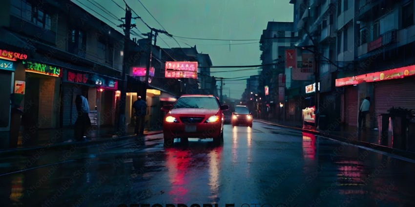A rainy night in an Asian city with neon lights