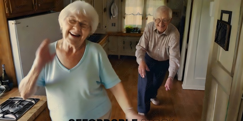 An elderly man and woman are dancing in a kitchen