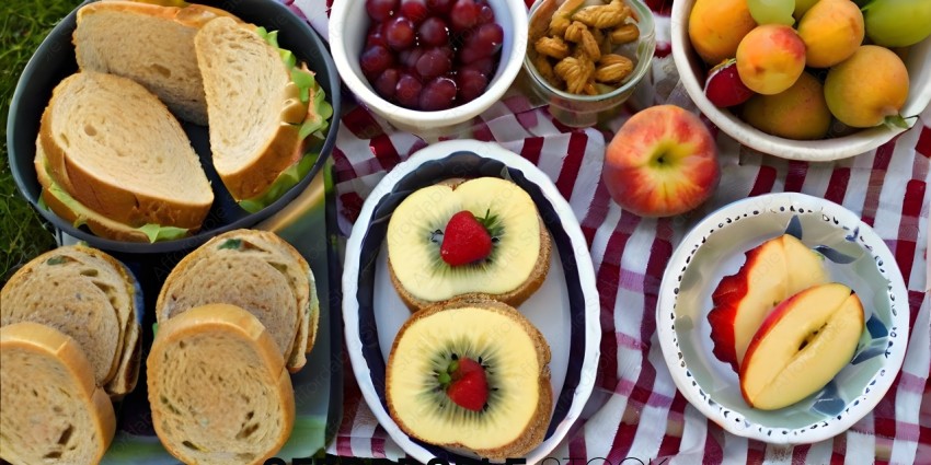 A variety of foods on a picnic blanket