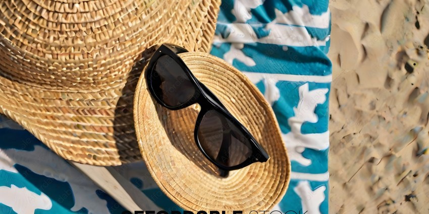 A pair of black sunglasses and a matching straw hat