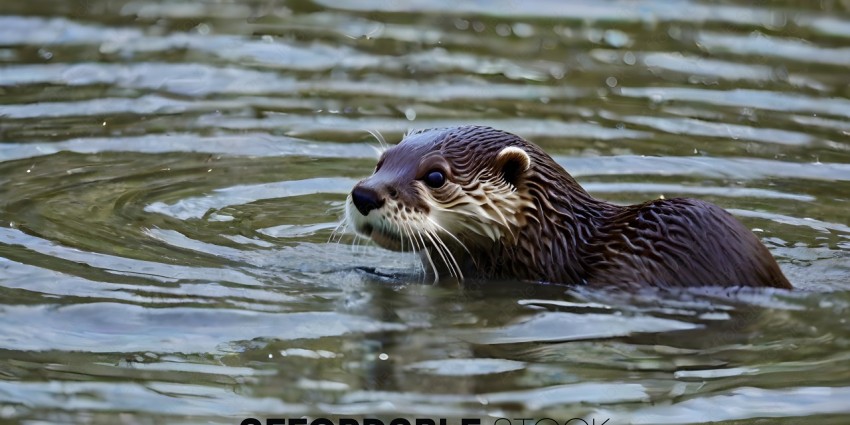 A brown and black otter swims in the water