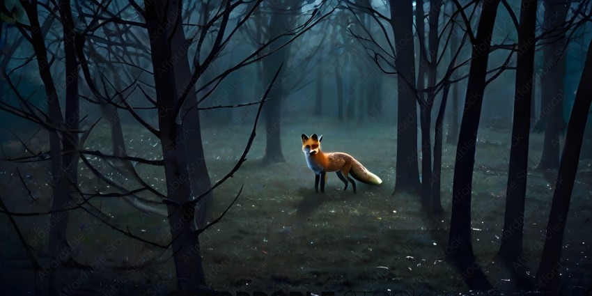 A fox in the woods at night