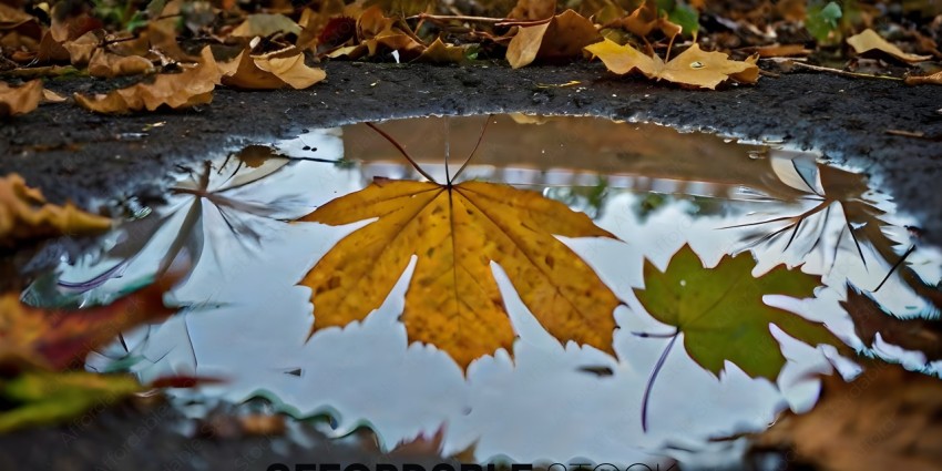 A reflection of a yellow leaf in a puddle