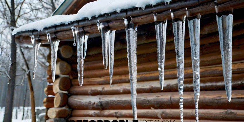 Frozen water dripping from a wooden structure