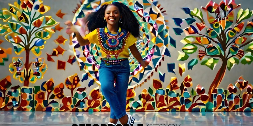 A young girl wearing a yellow shirt and blue jeans dancing in front of a colorful wall
