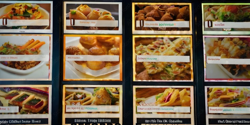 A variety of foods are displayed in a foreign language