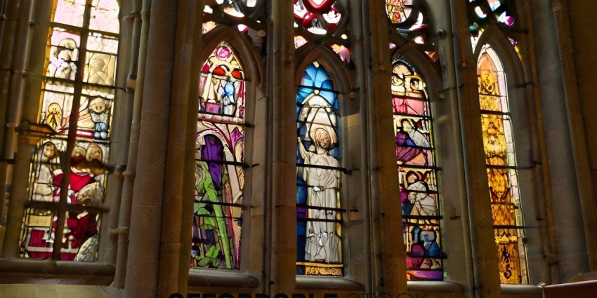 A stained glass window of a religious figure