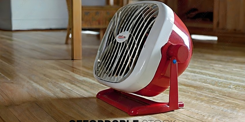 A red and white fan on a wooden floor