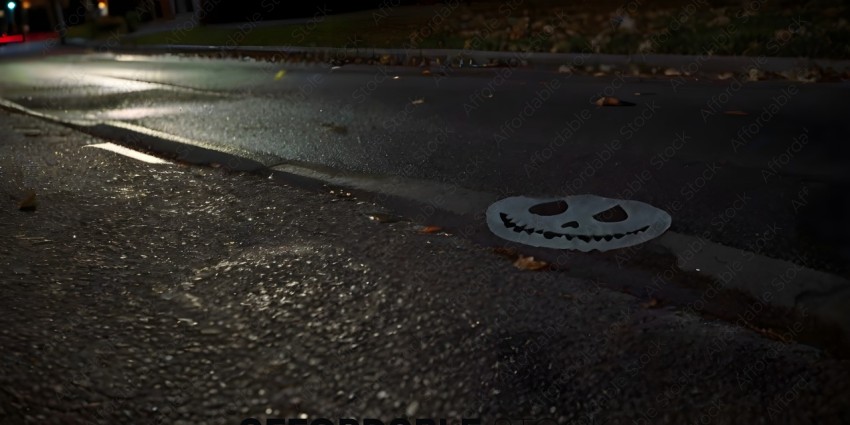 A paved road with a pumpkin face painted on it