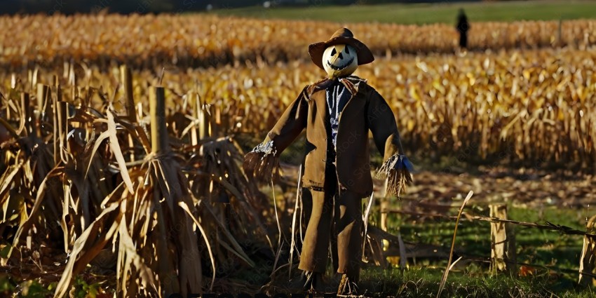 A scarecrow wearing a brown suit and a scary face