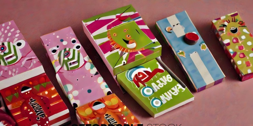 A collection of colorful boxes with various designs