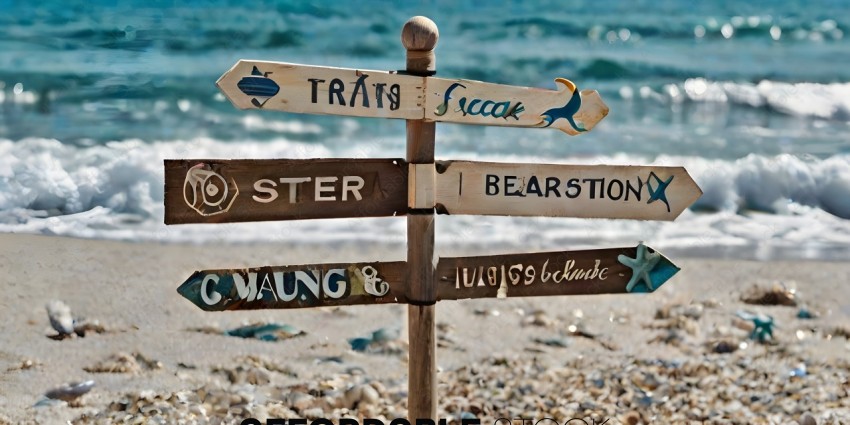 Signs on a beach with directions to different places