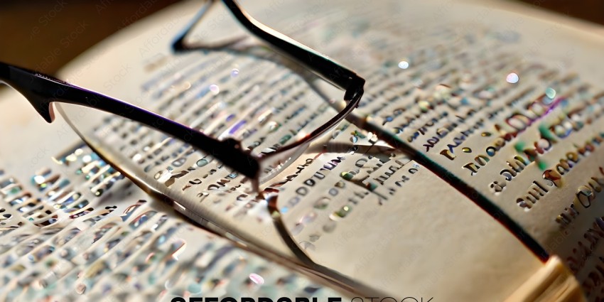 A magnified view of a book page through glasses
