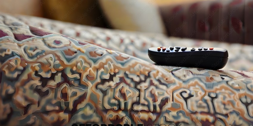 A black remote control with a patterned fabric background